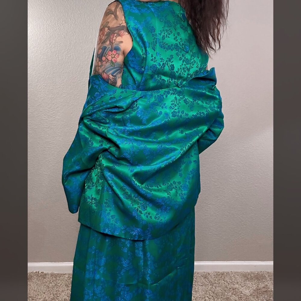 60s Satin Blue Green 3 pc Walking Suit Floral Mod MCM Top Jacket Pencil Skirt M - Picture 8 of 11